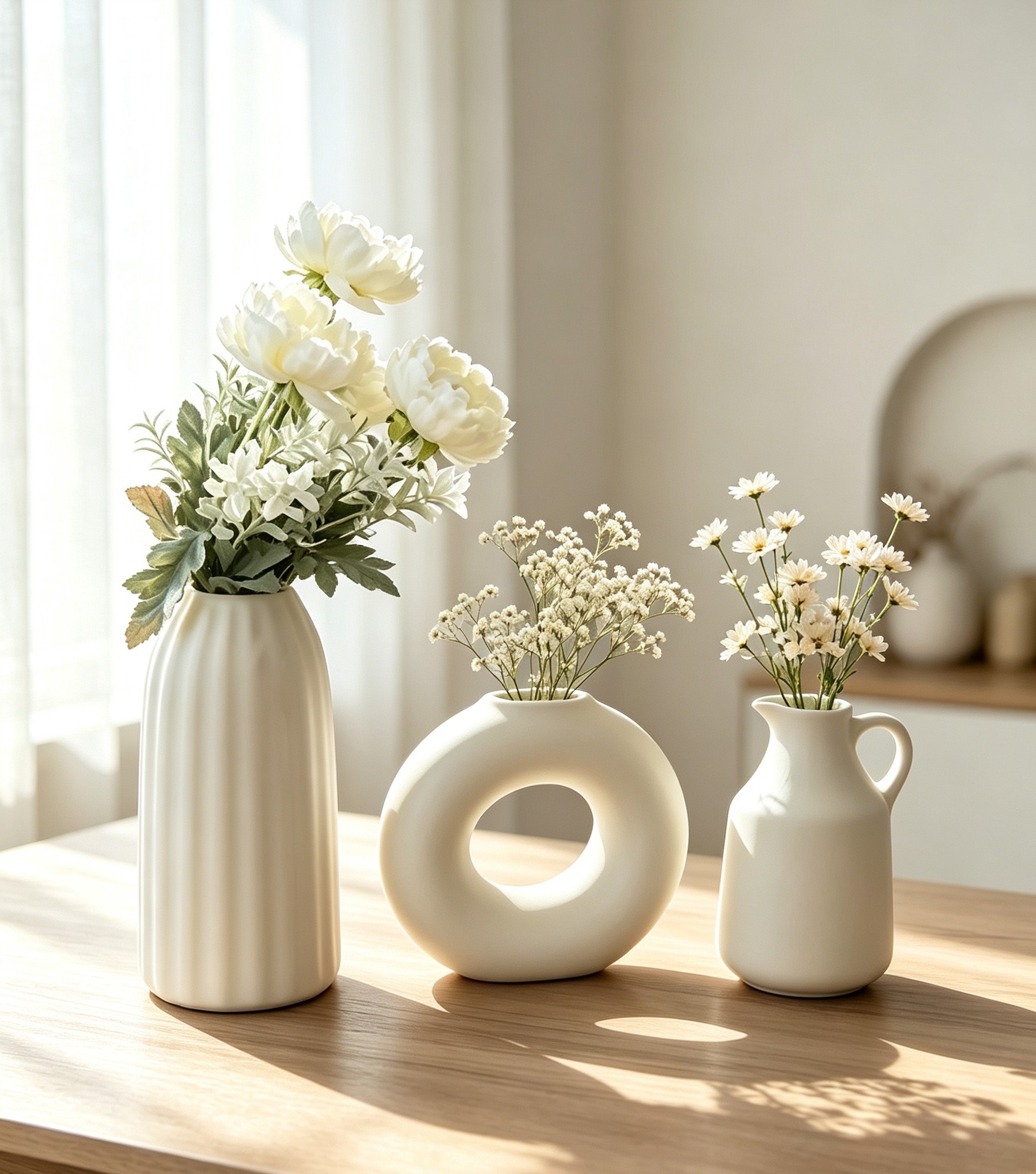 Wholesale White Ceramic Vase Set of 3, Ribbed, Donut Hollow & Pitcher‑Shaped Decorative Flower Vases