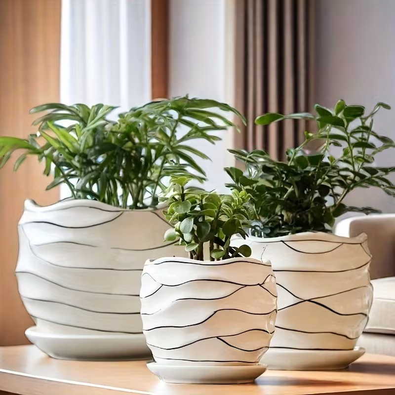Wholesale Set of 3 Line‑Pattern Ceramic Plant Pots, Irregular Wavy Rim Flower Planters With Saucers