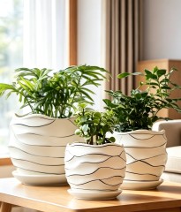 Wholesale Set of 3 Line‑Pattern Ceramic Plant Pots, Irregular Wavy Rim Flower Planters With Saucers