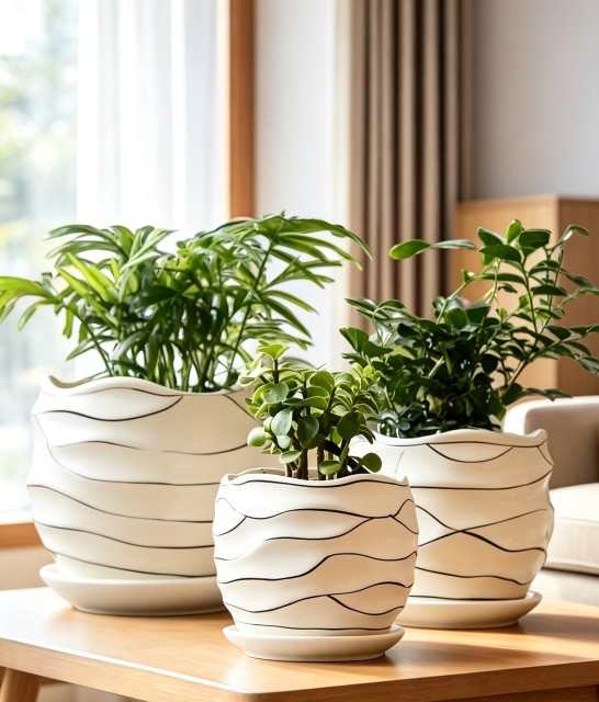 Wholesale Set of 3 Line‑Pattern Ceramic Plant Pots, Irregular Wavy Rim Flower Planters With Saucers