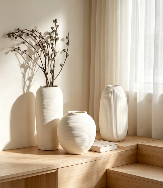 Wholesale Set of 3 Vertical Ribbed White Ceramic Vases