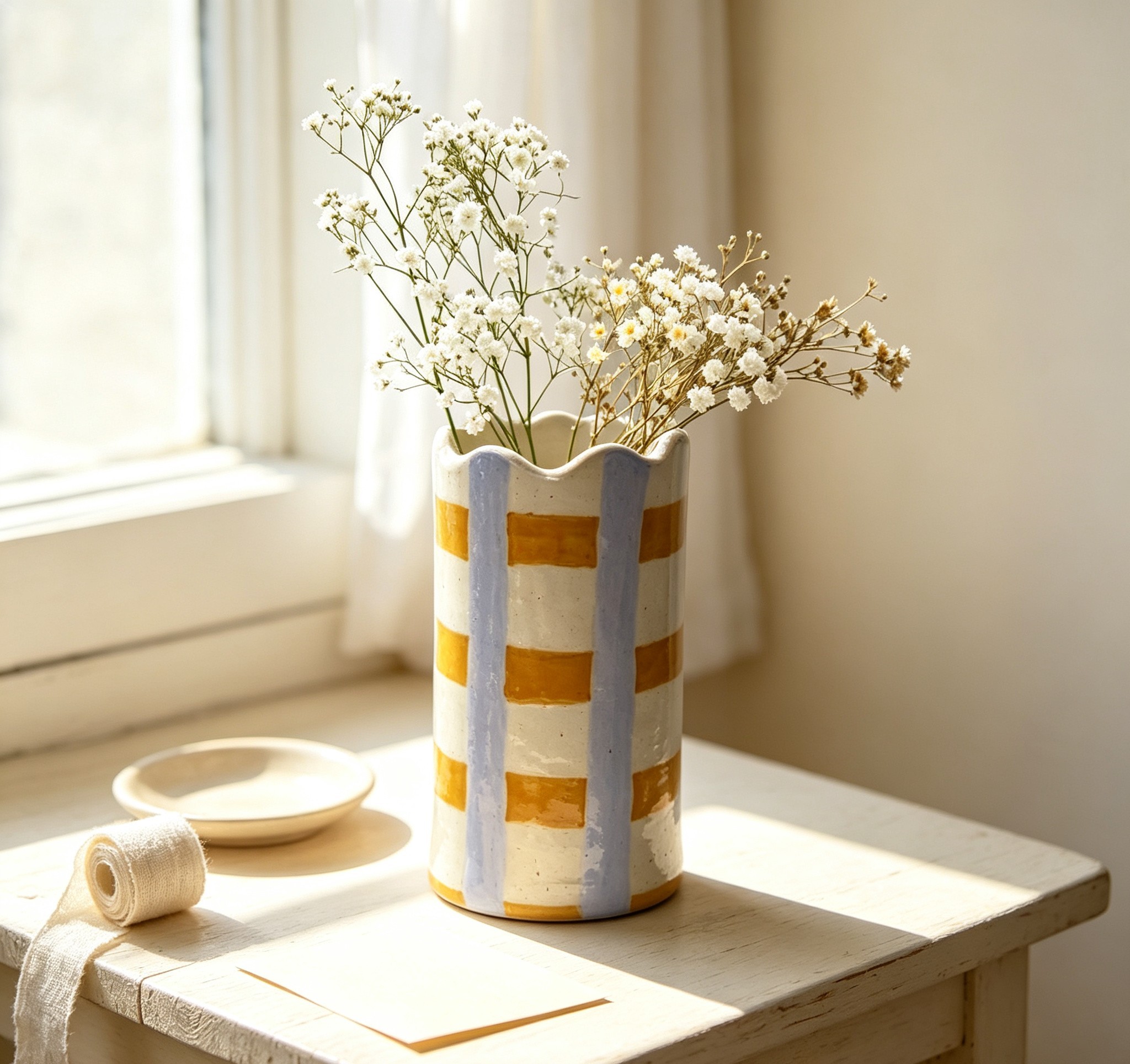 Wholesale Checkered Wavy Rim Ceramic Vase