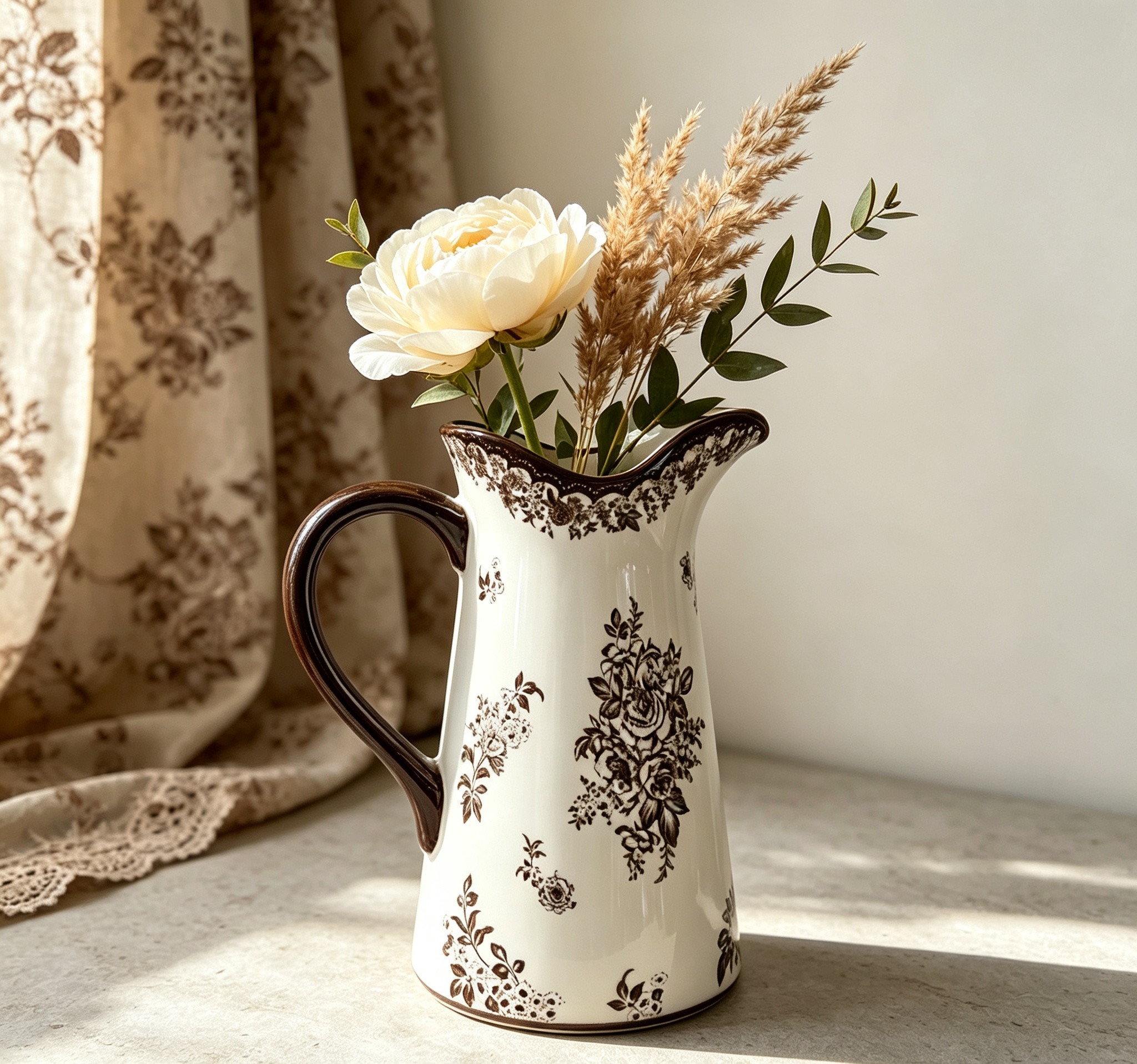 Vintage Floral Ceramic Pitcher Vase
