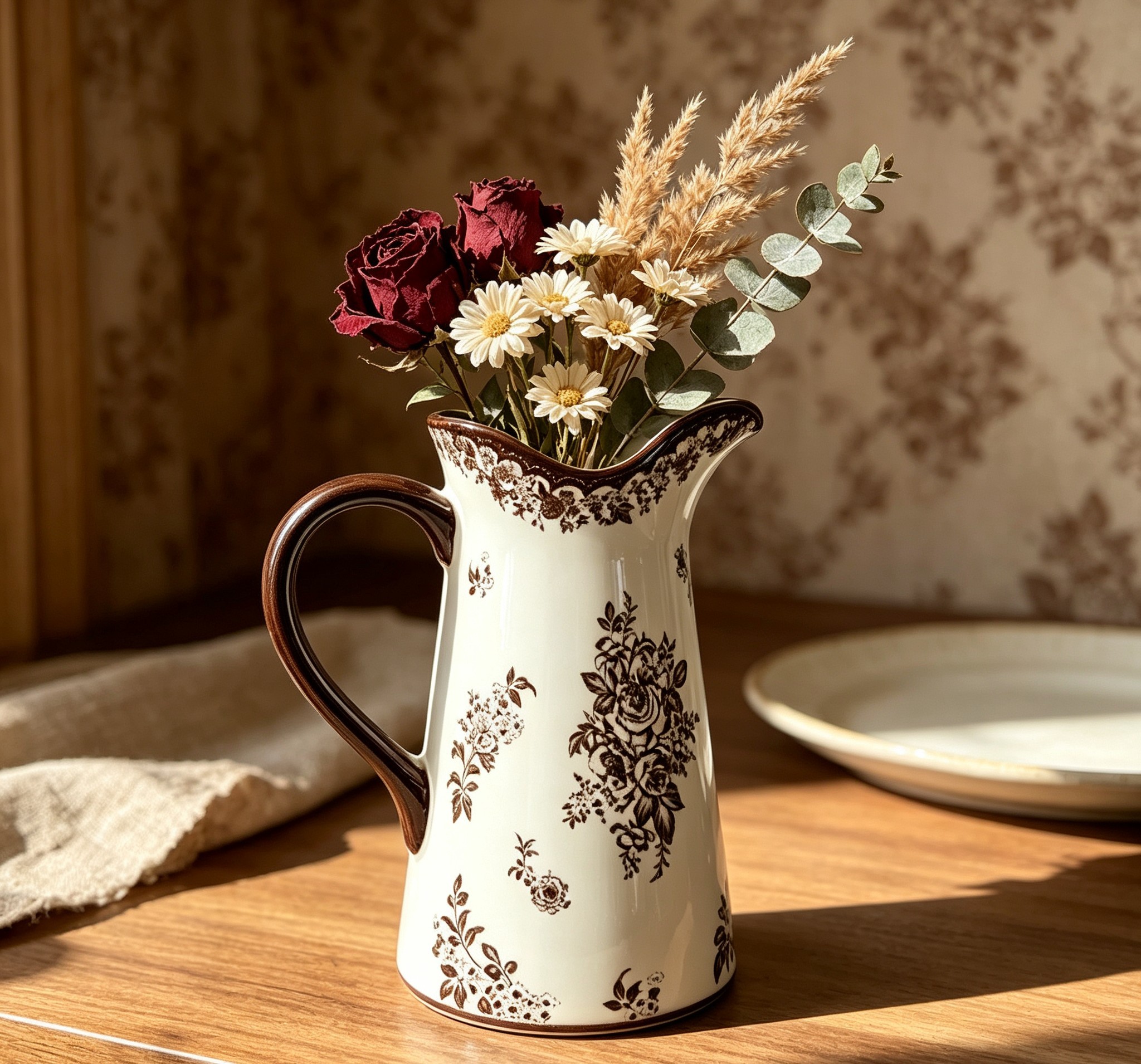 Vintage Floral Ceramic Pitcher Vase