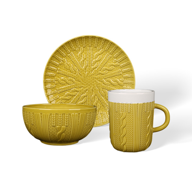 Wholesale Knitted Embossed Ceramic Tableware Set, Cable Knit Pattern Dinnerware with Mugs, Bowls and Plates for Home Hotel Restaurant