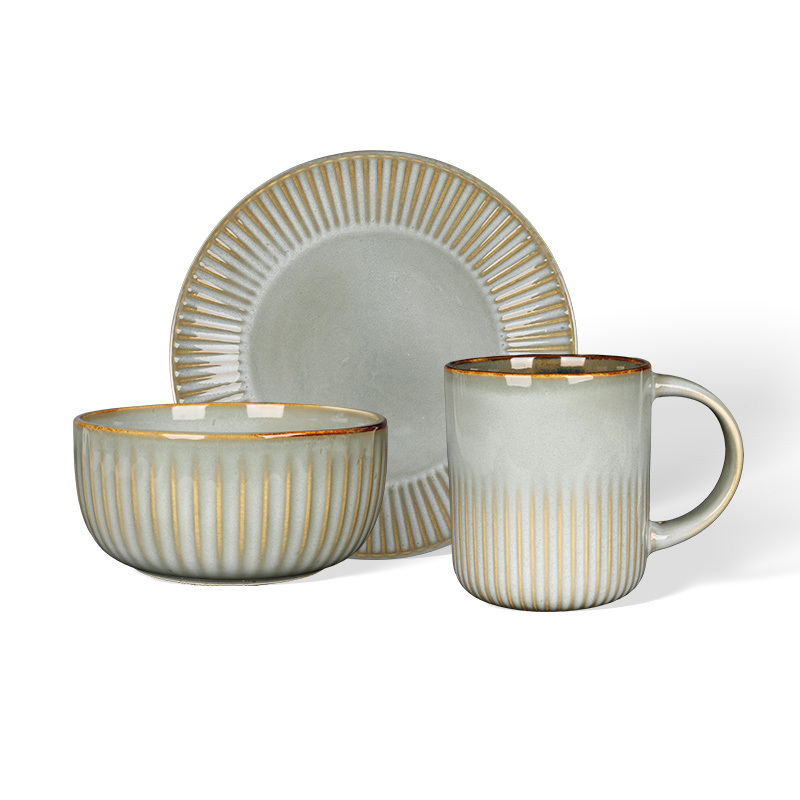 Wholesale Striped Reactive Glaze Ceramic Tableware Set, Ribbed Vintage Dinnerware with Mugs, Bowls and Plates for Home Hotel Restaurant