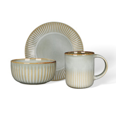 Wholesale Striped Reactive Glaze Ceramic Tableware Set, Ribbed Vintage Dinnerware with Mugs, Bowls and Plates for Home Hotel Restaurant