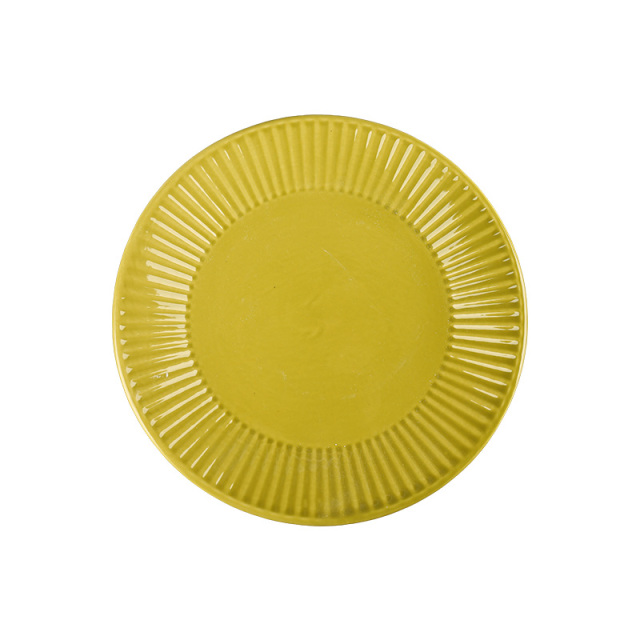 Wholesale Striped Reactive Glaze Ceramic Tableware Set, Ribbed Vintage Dinnerware with Mugs, Bowls and Plates for Home Hotel Restaurant
