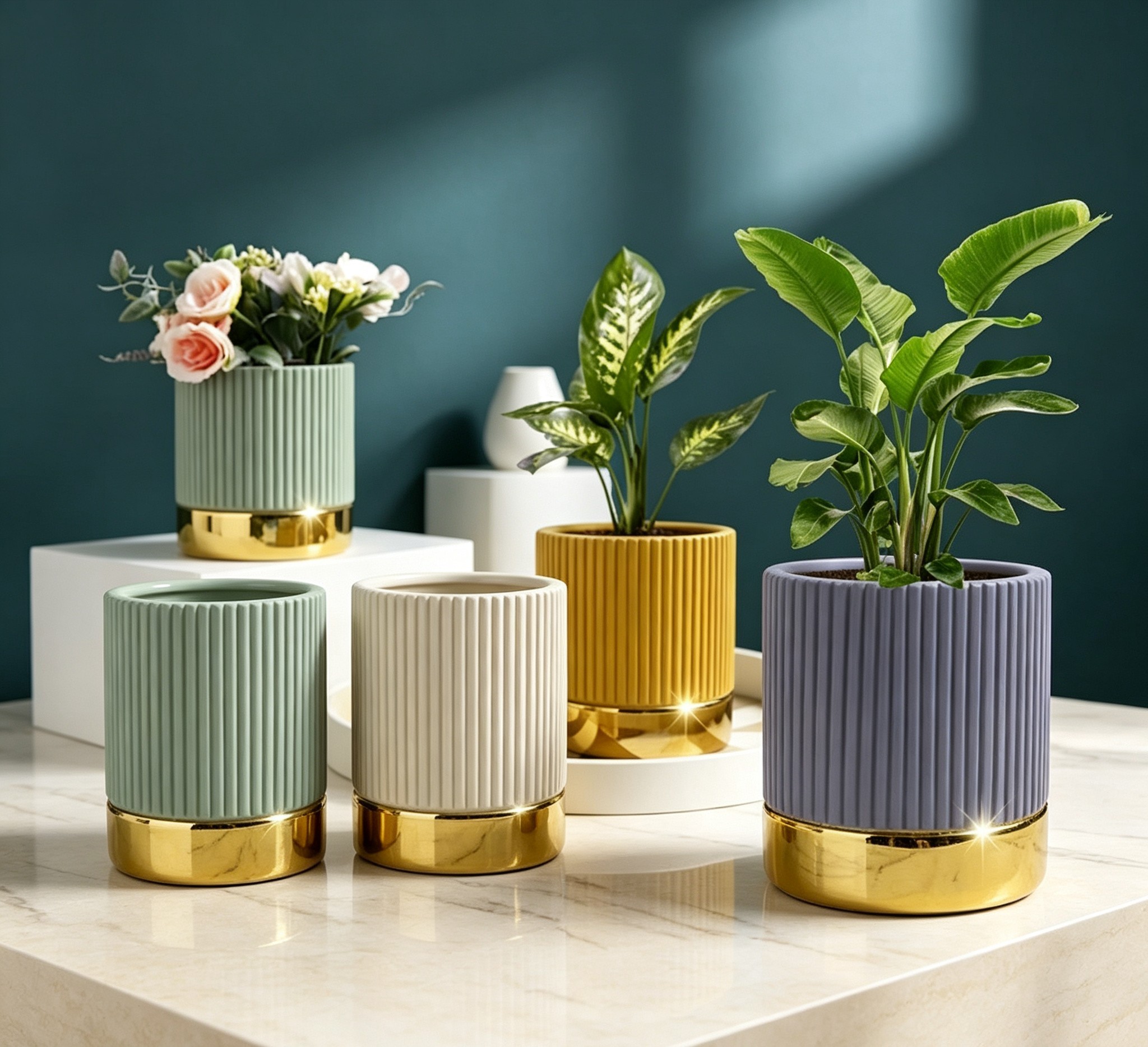 Wholesale Ribbed Ceramic Planter with Gold Base, Modern Decorative Indoor Plant Pot for Home Office Hotel Decor