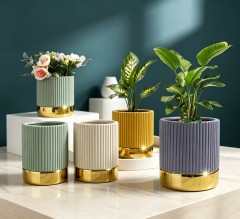 Wholesale Ribbed Ceramic Planter with Gold Base, Modern Decorative Indoor Plant Pot for Home Office Hotel Decor