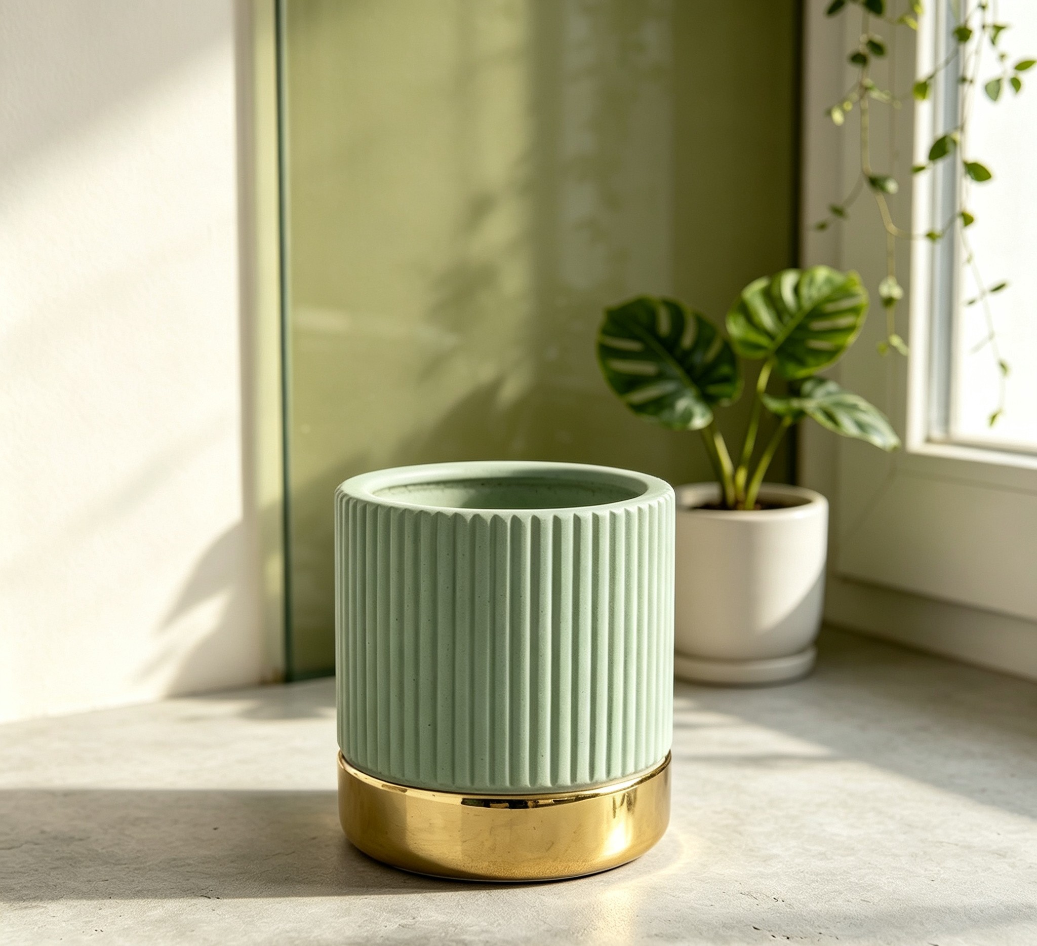 Wholesale Ribbed Ceramic Planter with Gold Base, Modern Decorative Indoor Plant Pot for Home Office Hotel Decor