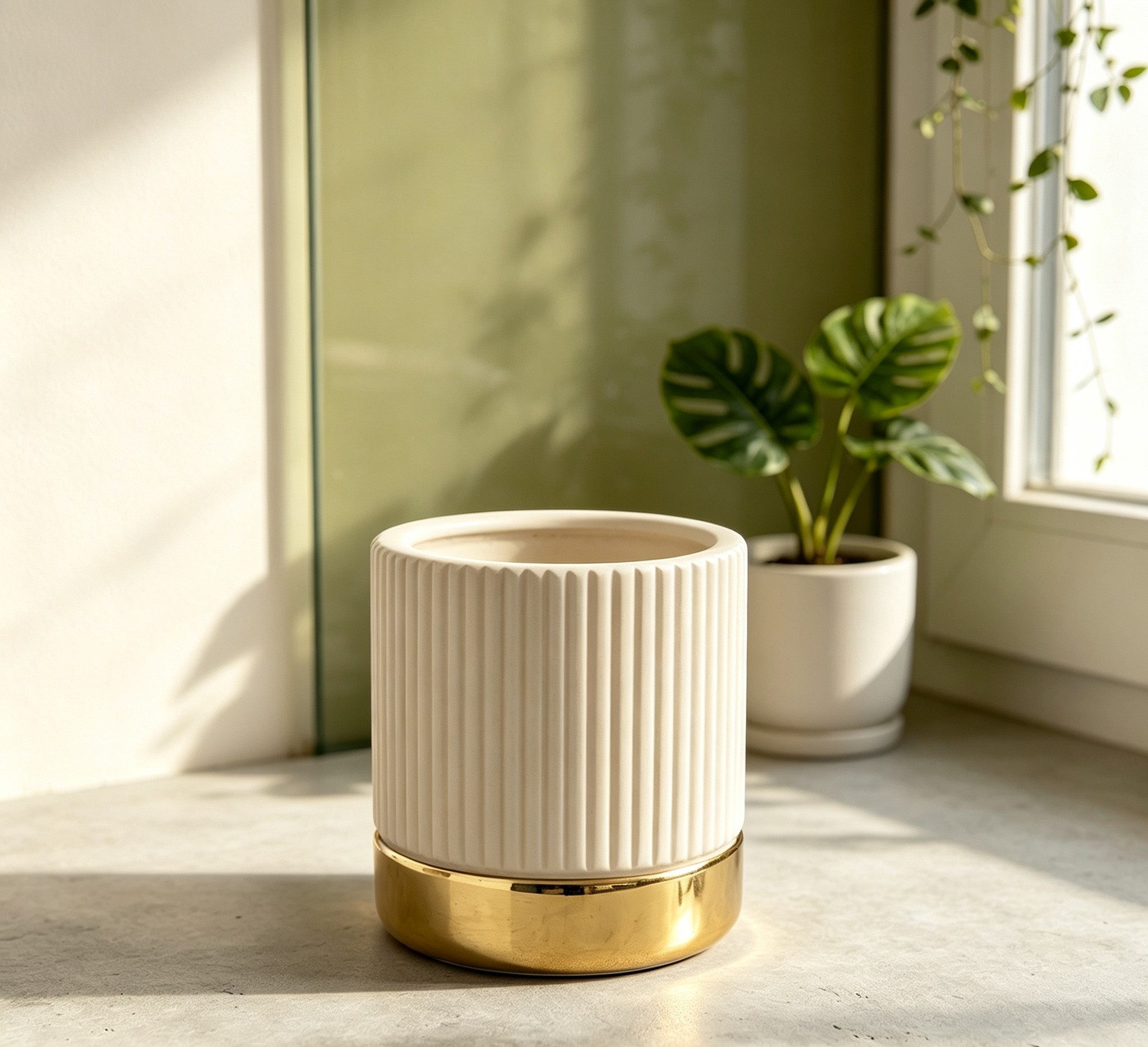 Wholesale Ribbed Ceramic Planter with Gold Base, Modern Decorative Indoor Plant Pot for Home Office Hotel Decor