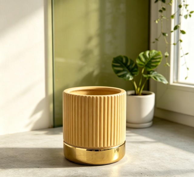 Wholesale Ribbed Ceramic Planter with Gold Base, Modern Decorative Indoor Plant Pot for Home Office Hotel Decor