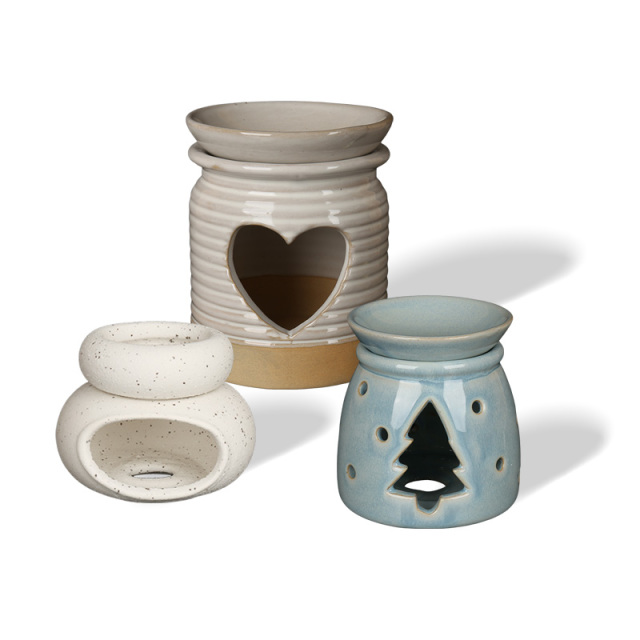 Wholesale Assorted Ceramic Wax Melt Burner & Oil Burner, Rustic Glaze Aroma Warmer with Tree Cutout, Heart Cutout & Geometric Shapes