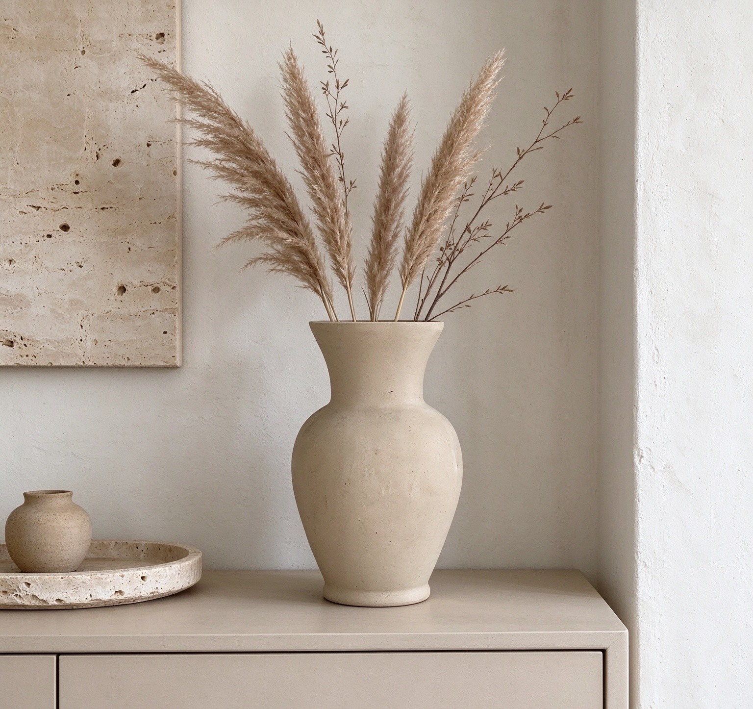 Wholesale Beige Matte Rustic Ceramic Tabletop Vase, Amphora Shaped Wabi Sabi Vase for Dried Flowers Pampas Grass & Home Hotel Decor