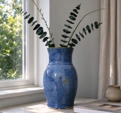 Wholesale Blue Reactive Glaze Ceramic Vase, Hand-Built Tall Vase with Organic Texture for Home Hotel Decor & Flower Arrangement