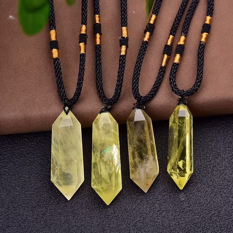 Natural Crystal Column Pendant Made from Yellow Quartz Crystal, Featuring a Hexagonal Point Design, Suitable for Men'S Necklaces.