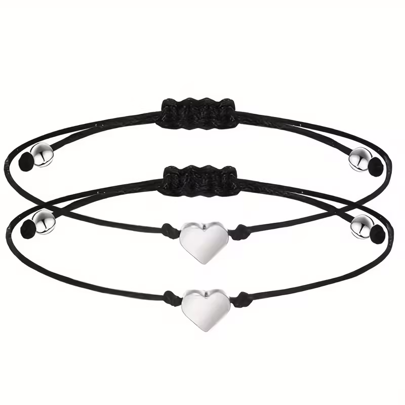 Black Minimalist Heart Wax Thread Handmade Couple Bracelets