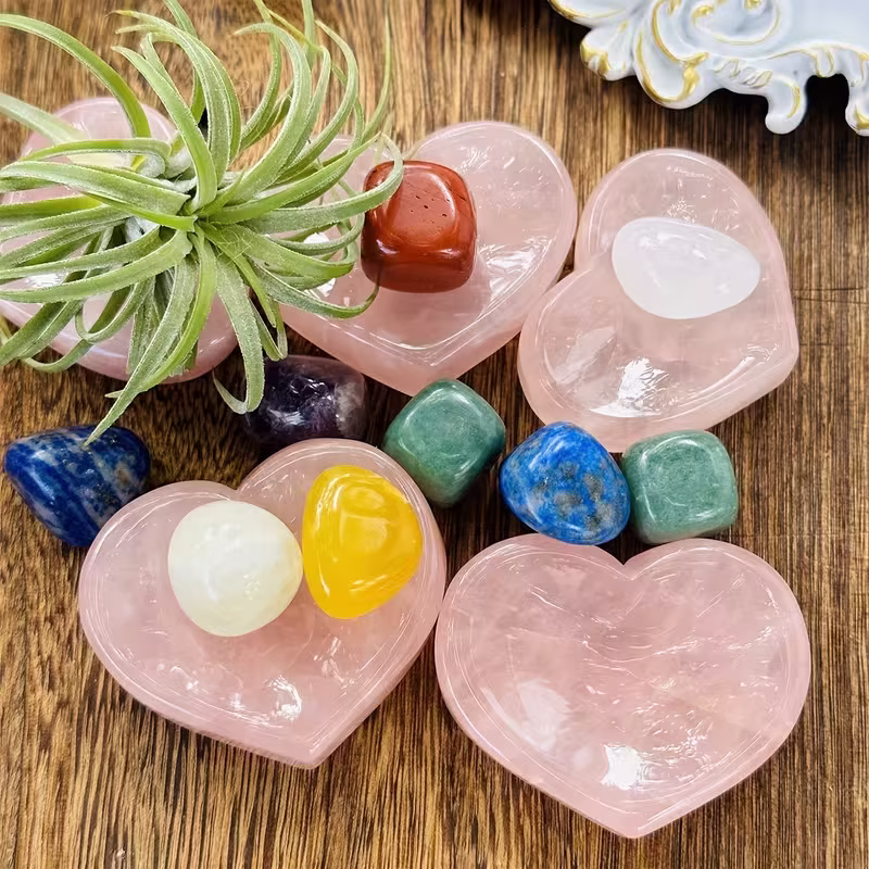 Hand-Carved Natural Rose Quartz Heart-Shaped Bowl