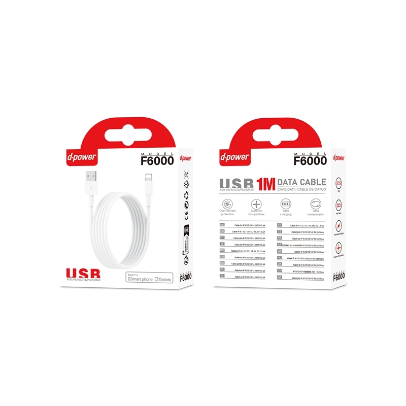 Câble USB Lightning 1M - d-power F6000 - Charge Rapide et Synchronisation de Données - Compatible avec iPhone 14/13/12/11/XS/XR/8/7/6S, iPad, iPod - Protection Contre les Surcharges - Blanc