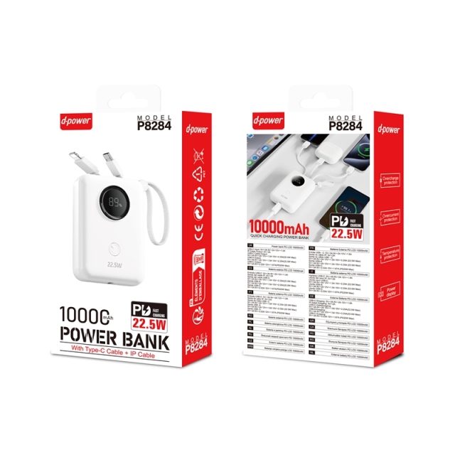Banque d'Alimentation d-power 10000mAh, Charge Rapide 22.5W PD, Batterie Externe Portable avec Câbles USB-C et Lightning Intégrés, Affichage Numérique HD, Protection Sécuritaire Multiples pour Téléphone et Tablette