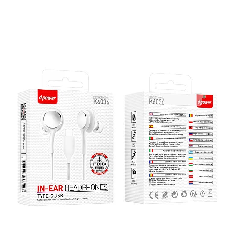 D-Power K6036 USB-C Wired Earphones, In-ear Headset with Mic & Controller, Compatible with Android, Black & White Available