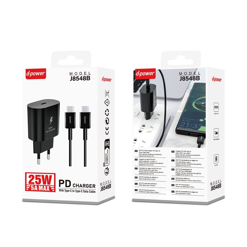 D-Power J8548 25W PD Fast Charger | Kit with USB-C to USB-C Cable | Compatible with Samsung/Apple/Android | CE Certified, Travel-Ready