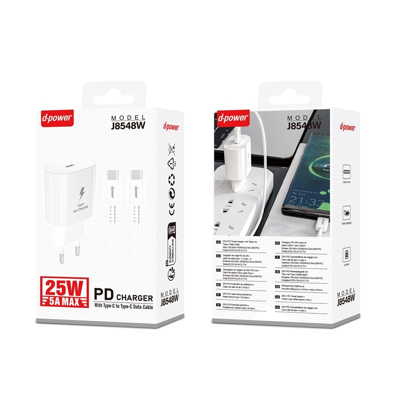 D-Power J8548 25W PD Fast Charger | Kit with USB-C to USB-C Cable | Compatible with Samsung/Apple/Android | CE Certified, Travel-Ready