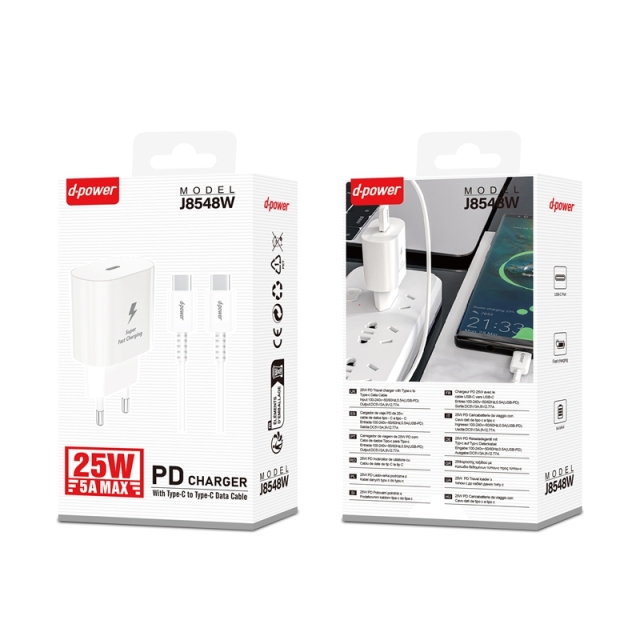 D-Power J8548 25W PD Fast Charger | Kit with USB-C to USB-C Cable | Compatible with Samsung/Apple/Android | CE Certified, Travel-Ready