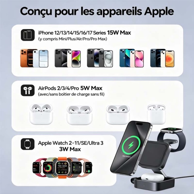 Station de Recharge 3-en-1 Magnétique Pliable pour Apple