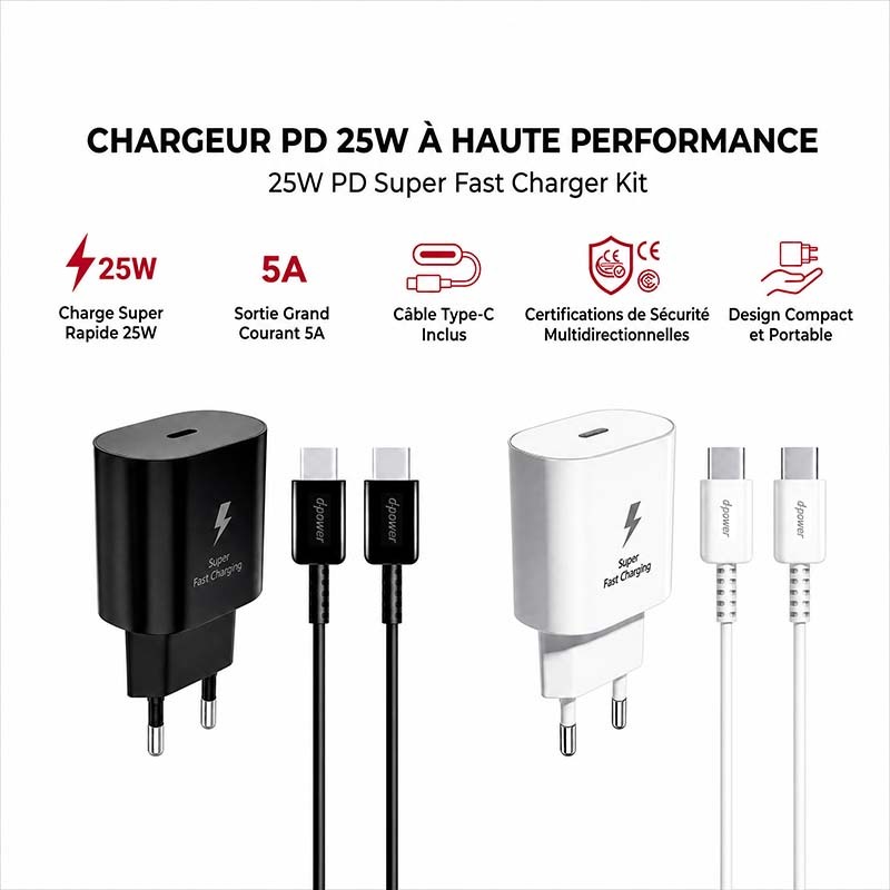 D-Power J8548 25W PD Fast Charger | Kit with USB-C to USB-C Cable | Compatible with Samsung/Apple/Android | CE Certified, Travel-Ready