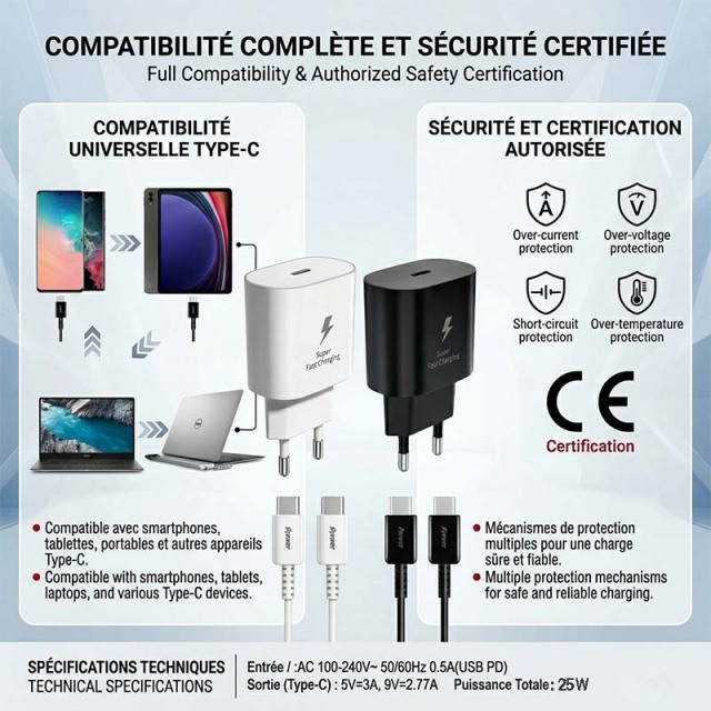 D-Power J8548 25W PD Fast Charger | Kit with USB-C to USB-C Cable | Compatible with Samsung/Apple/Android | CE Certified, Travel-Ready