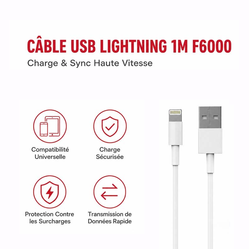 Câble USB Lightning 1M - d-power F6000 - Charge Rapide et Synchronisation de Données - Compatible avec iPhone 14/13/12/11/XS/XR/8/7/6S, iPad, iPod - Protection Contre les Surcharges - Blanc