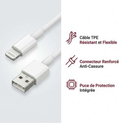 Câble USB Lightning 1M - d-power F6000 - Charge Rapide et Synchronisation de Données - Compatible avec iPhone 14/13/12/11/XS/XR/8/7/6S, iPad, iPod - Protection Contre les Surcharges - Blanc