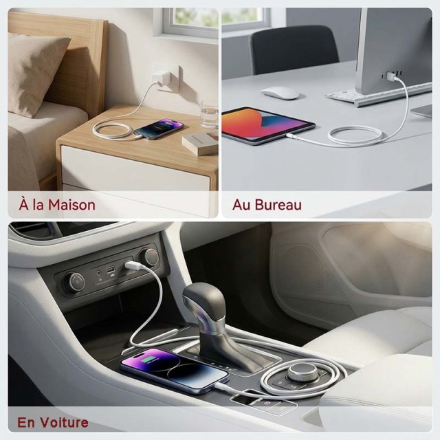 Câble USB Lightning 1M - d-power F6000 - Charge Rapide et Synchronisation de Données - Compatible avec iPhone 14/13/12/11/XS/XR/8/7/6S, iPad, iPod - Protection Contre les Surcharges - Blanc