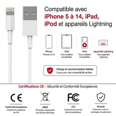 Câble USB Lightning 1M - d-power F6000 - Charge Rapide et Synchronisation de Données - Compatible avec iPhone 14/13/12/11/XS/XR/8/7/6S, iPad, iPod - Protection Contre les Surcharges - Blanc