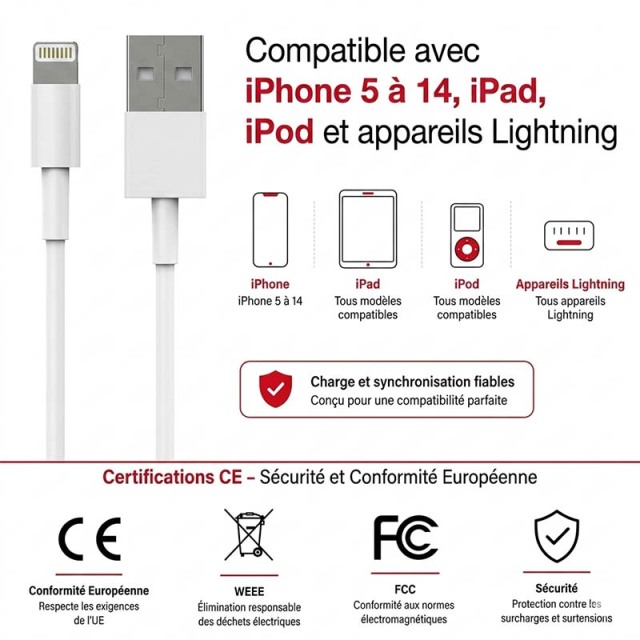 Câble USB Lightning 1M - d-power F6000 - Charge Rapide et Synchronisation de Données - Compatible avec iPhone 14/13/12/11/XS/XR/8/7/6S, iPad, iPod - Protection Contre les Surcharges - Blanc