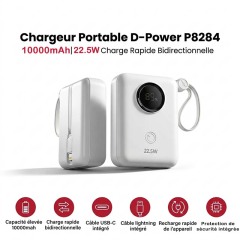 Banque d'Alimentation d-power 10000mAh, Charge Rapide 22.5W PD, Batterie Externe Portable avec Câbles USB-C et Lightning Intégrés, Affichage Numérique HD, Protection Sécuritaire Multiples pour Téléphone et Tablette