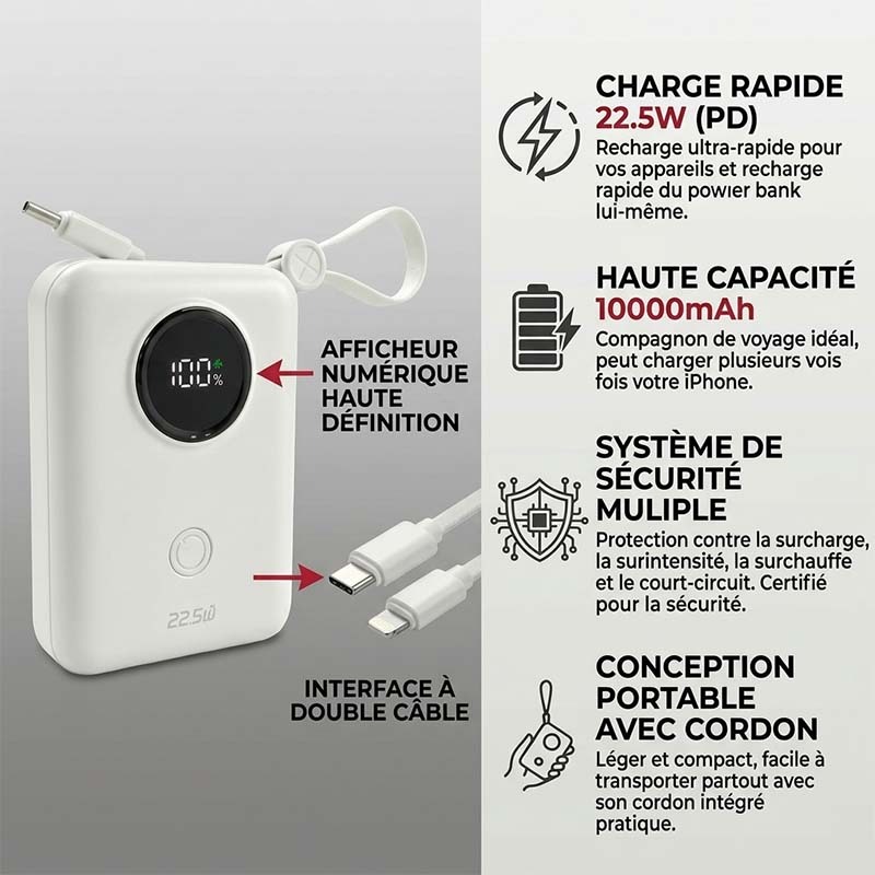 Banque d'Alimentation d-power 10000mAh, Charge Rapide 22.5W PD, Batterie Externe Portable avec Câbles USB-C et Lightning Intégrés, Affichage Numérique HD, Protection Sécuritaire Multiples pour Téléphone et Tablette