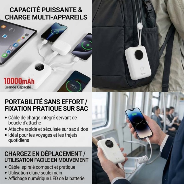 Banque d'Alimentation d-power 10000mAh, Charge Rapide 22.5W PD, Batterie Externe Portable avec Câbles USB-C et Lightning Intégrés, Affichage Numérique HD, Protection Sécuritaire Multiples pour Téléphone et Tablette