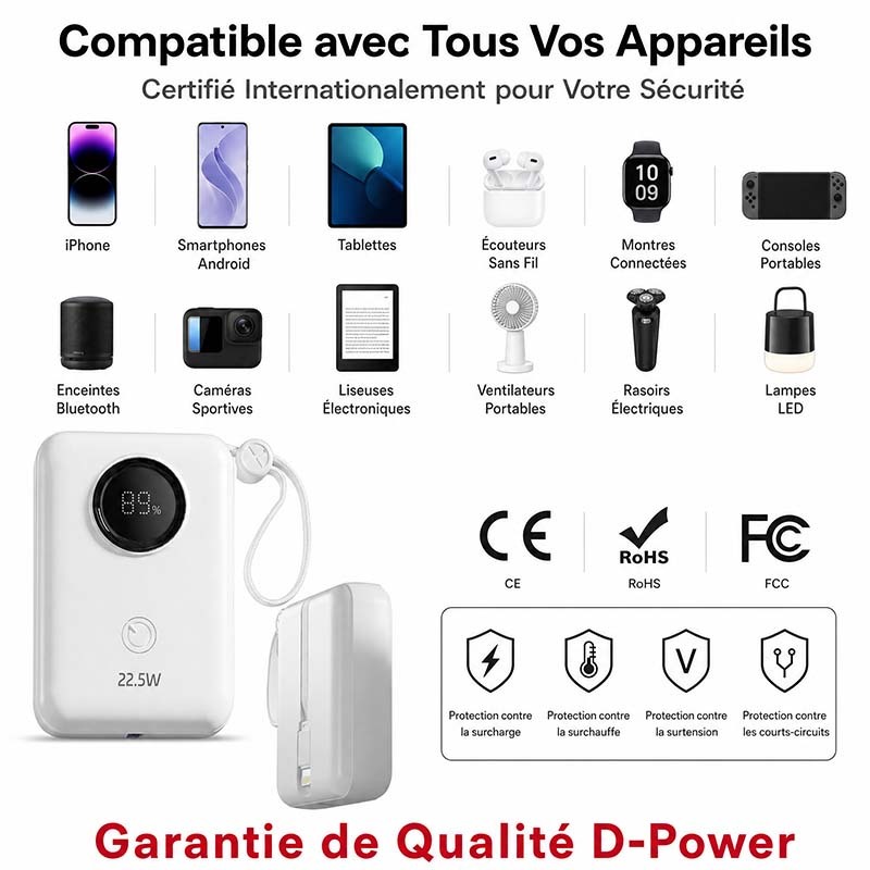 Banque d'Alimentation d-power 10000mAh, Charge Rapide 22.5W PD, Batterie Externe Portable avec Câbles USB-C et Lightning Intégrés, Affichage Numérique HD, Protection Sécuritaire Multiples pour Téléphone et Tablette