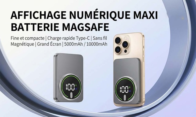 Batterie externe magnétique à charge sans fil GT21, chargeur portable en alliage d'aluminium avec grand écran numérique