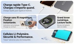 Batterie externe magnétique à charge sans fil GT21, chargeur portable en alliage d'aluminium avec grand écran numérique
