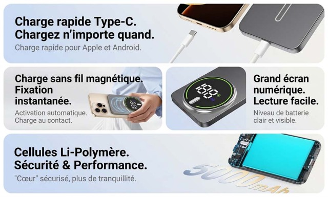 Batterie externe magnétique à charge sans fil GT21, chargeur portable en alliage d'aluminium avec grand écran numérique