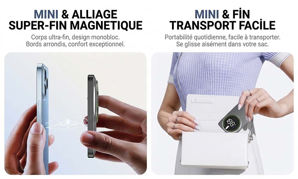 Batterie externe magnétique à charge sans fil GT21, chargeur portable en alliage d'aluminium avec grand écran numérique