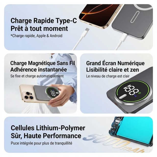 Batterie externe magnétique à charge sans fil GT21, chargeur portable en alliage d'aluminium avec grand écran numérique