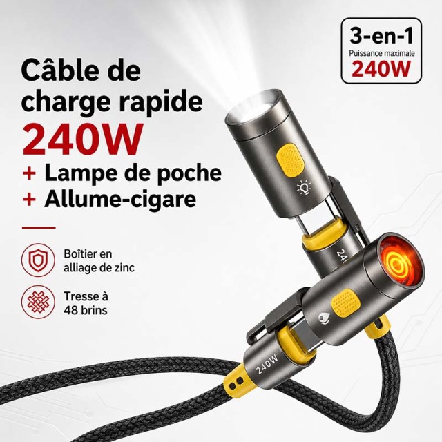 F9206 Câble USB-C vers USB-C 240W, Charge Rapide et Synchronisation de Données 48V 5A, avec Briquet Électrique et Lampe de Poche Intégrés, Câble Tressé en Alliage de Zinc, 1,2 m Noir