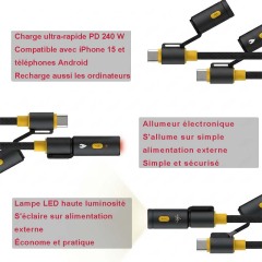 F9206 Câble USB-C vers USB-C 240W, Charge Rapide et Synchronisation de Données 48V 5A, avec Briquet Électrique et Lampe de Poche Intégrés, Câble Tressé en Alliage de Zinc, 1,2 m Noir