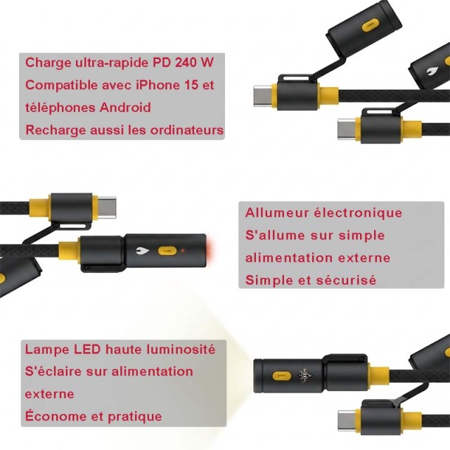 F9206 Câble USB-C vers USB-C 240W, Charge Rapide et Synchronisation de Données 48V 5A, avec Briquet Électrique et Lampe de Poche Intégrés, Câble Tressé en Alliage de Zinc, 1,2 m Noir