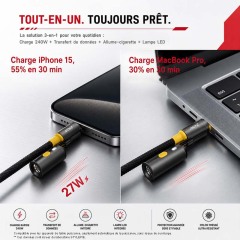 F9206 Câble USB-C vers USB-C 240W, Charge Rapide et Synchronisation de Données 48V 5A, avec Briquet Électrique et Lampe de Poche Intégrés, Câble Tressé en Alliage de Zinc, 1,2 m Noir